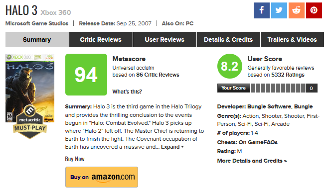 The Metacritic page for Halo 3, enshrined with a 94 critic score and an 8.2/10 average user review. 